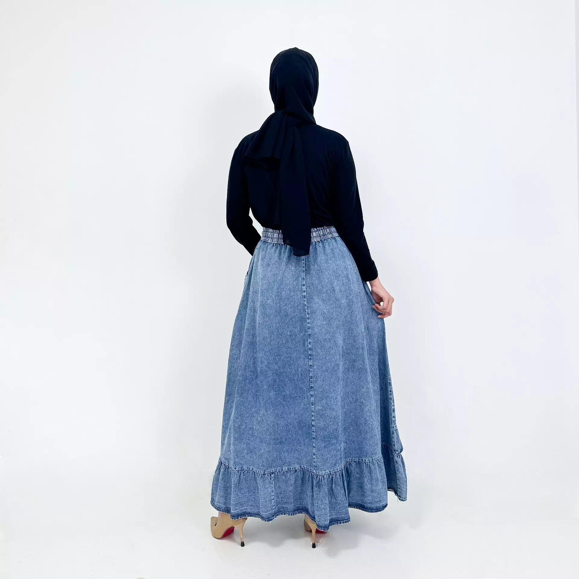 Nayra Denim Skirt [BIRU SNOW] Rok Panjang Wanita A-Line Ruffle