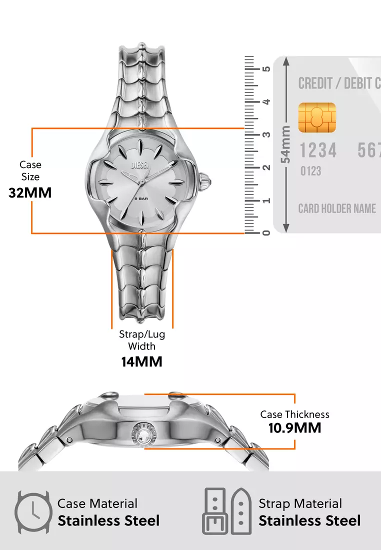 Diesel Women's Vert Analog Watch ( DZ5605 ) - Quartz, Silver Case, Round Dial, 14 MM Silver Stainless Steel Band