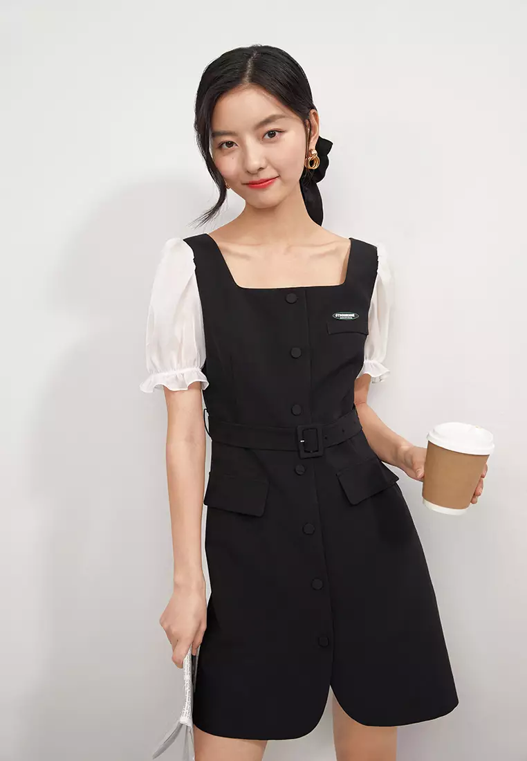 Square Neck Contrast Sleeve Mini Dress