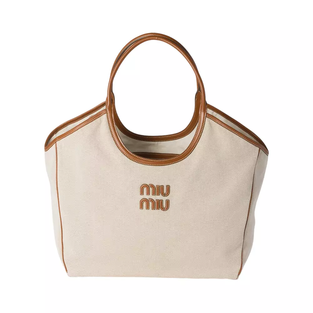 Jual MIU MIU Ivy Large Canvas Leather Tote Bag Beige Brandy