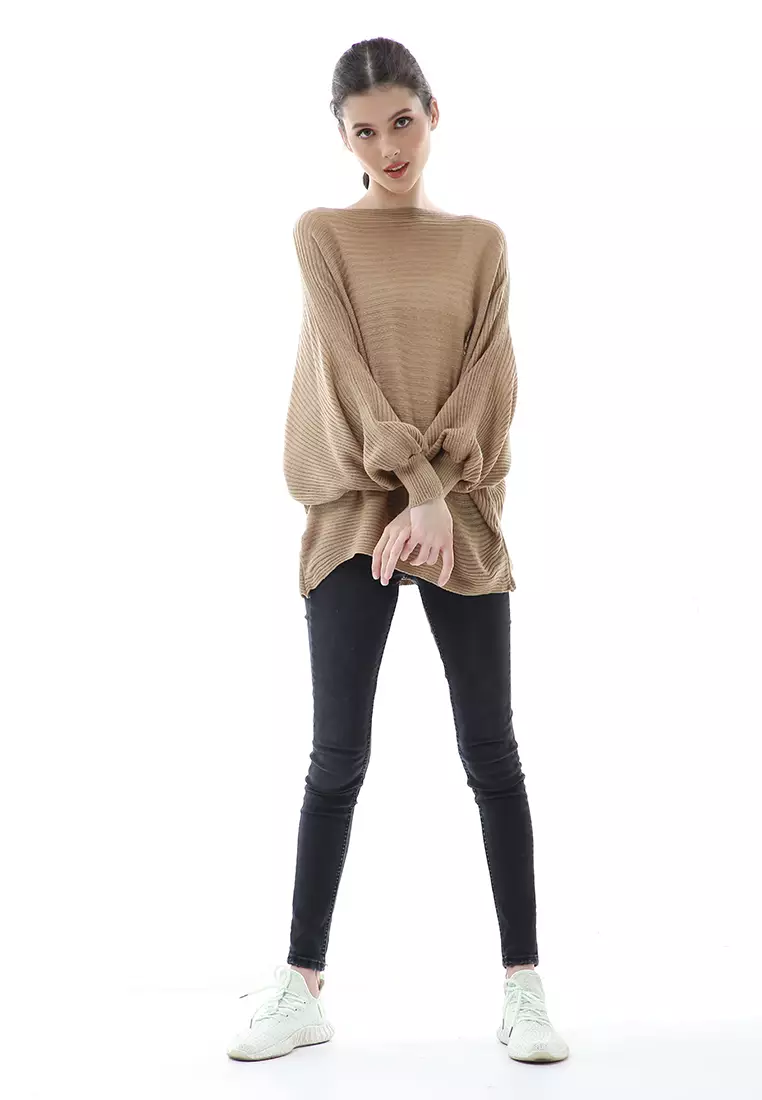 Eveline Sweater Rajut Batwing Atasan Wanita Motif Polos High Quality - Cream