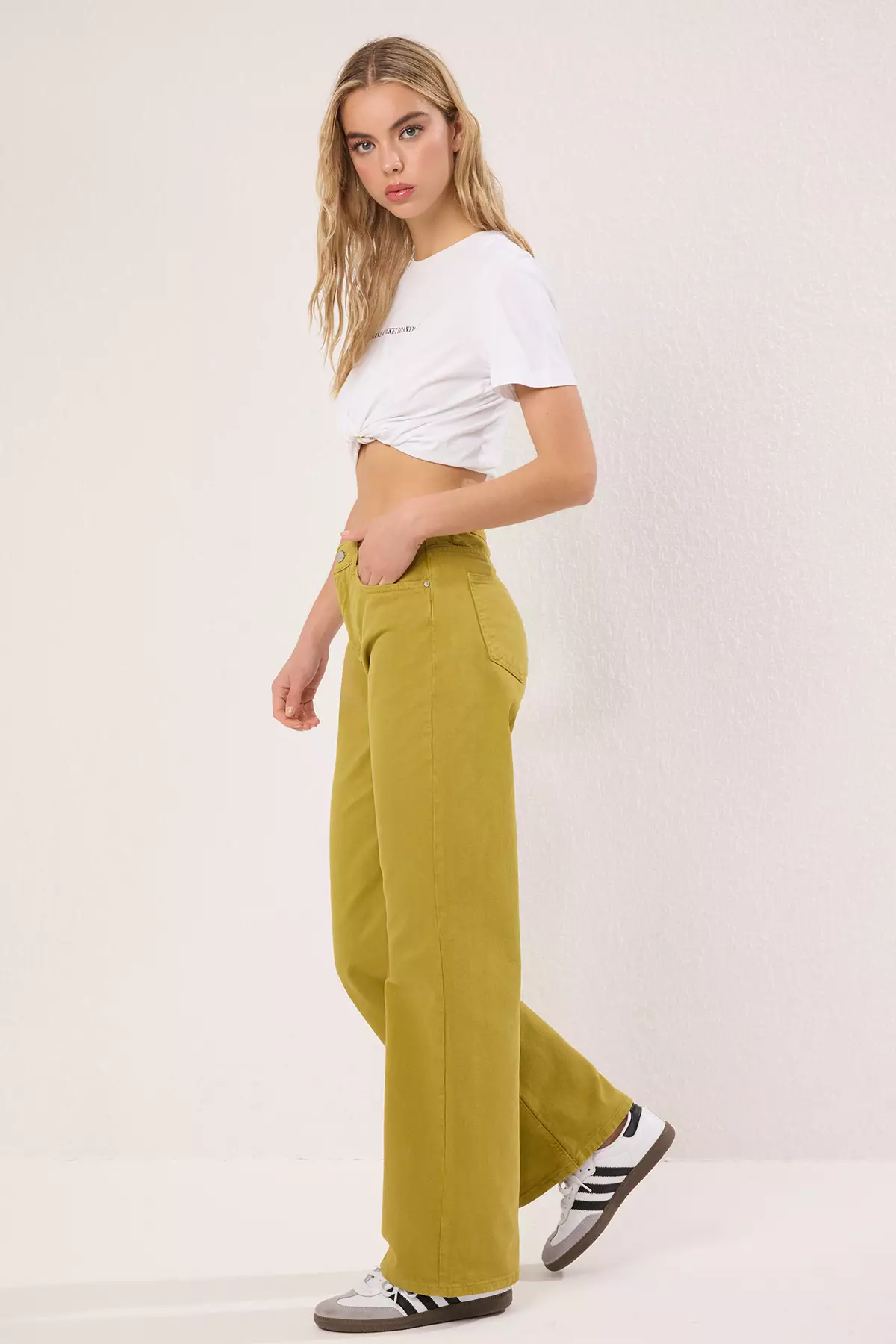 Oil Green Waist Detail High Waist Wide Leg Trousers TWOAW25JE00039
