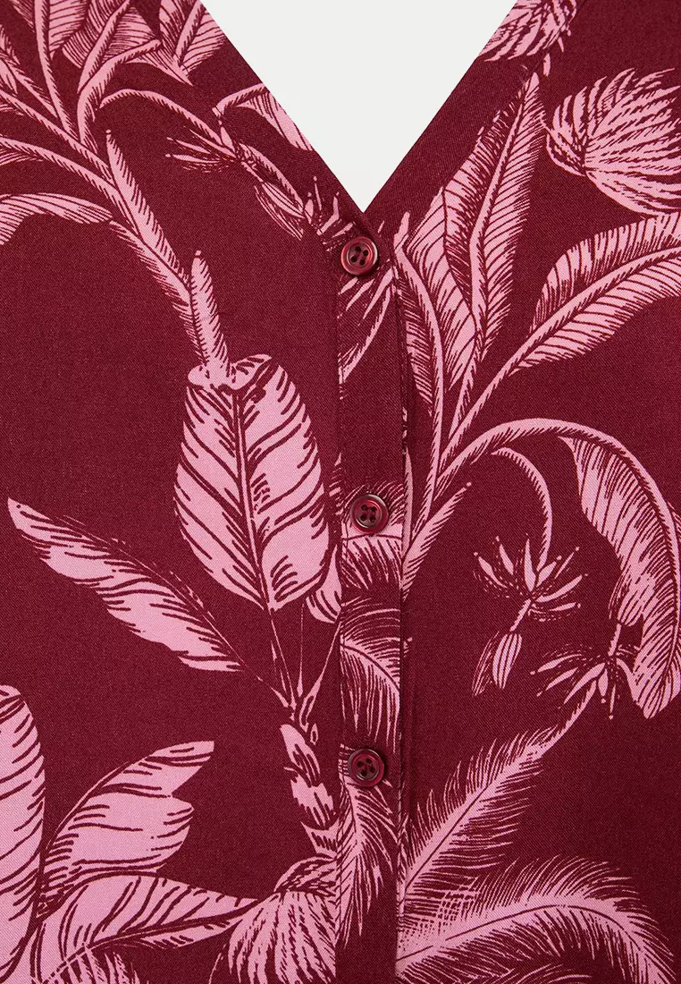 Pink Palm Pattern Batwing Sleeve Woven Plus Size Pajama Set Tbbss26Ai00045