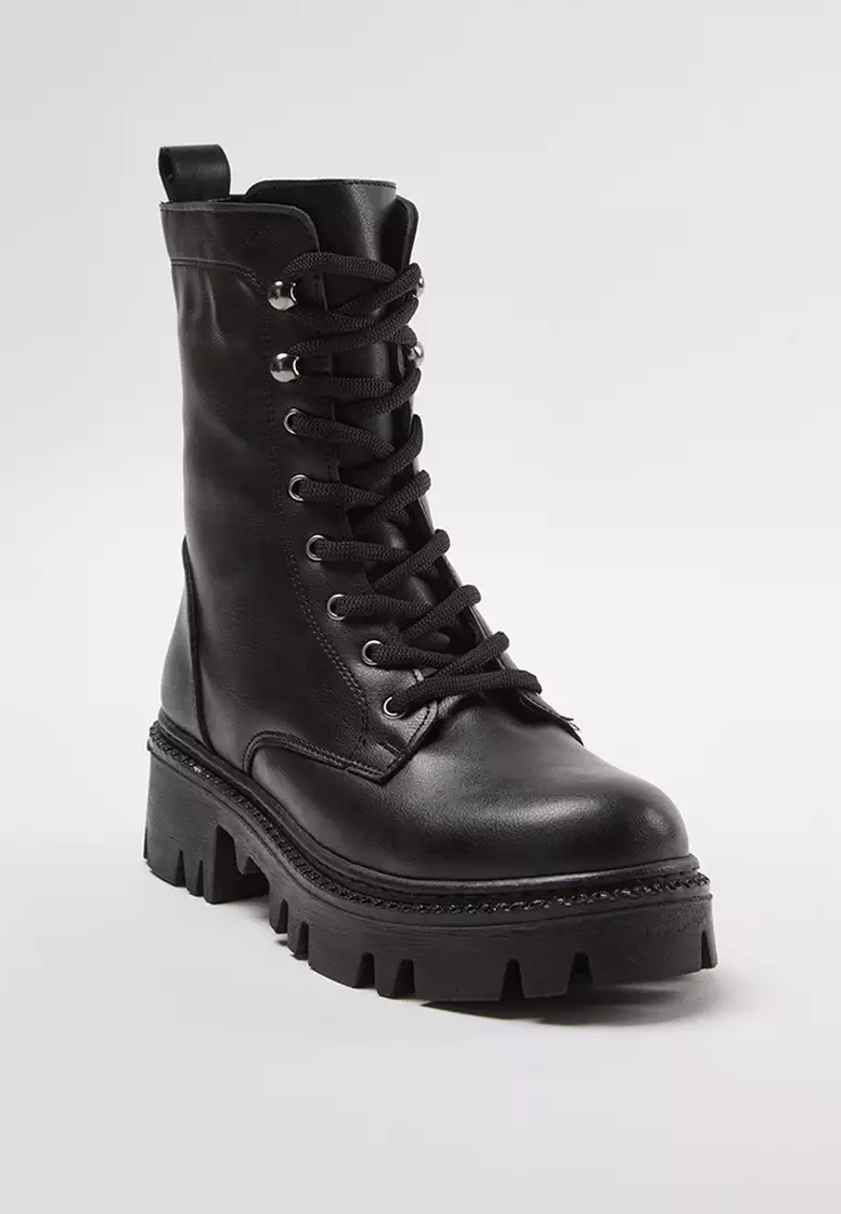 Women's Black Zipper And Lace Detailed Boots Takaw25Bo00025