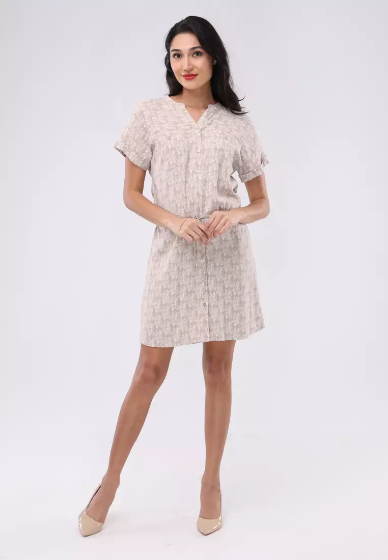 Printed Soft Linen Short Sleeves Chinese Collar Dress