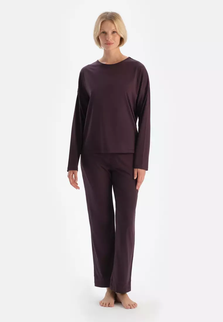 Damson T-Shirt & Trousers, Boat Neck, Regular Fit, Long Sleeve Sleepwear for Women