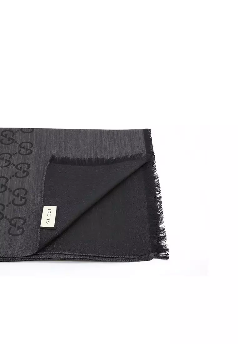 GG Logo Wool Silk Scarf in Charcoal Grey 165904 3G646