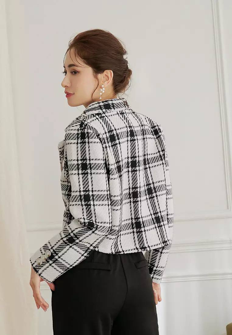 Lapel Plaid Short Version Long Sleeve Knit Suit Jacket [EA3592]