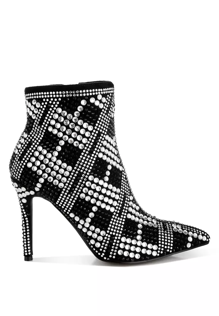 Discount on London Rag  shoes - SKU: Rhinestones Studded Stiletto Heel Boots in Black