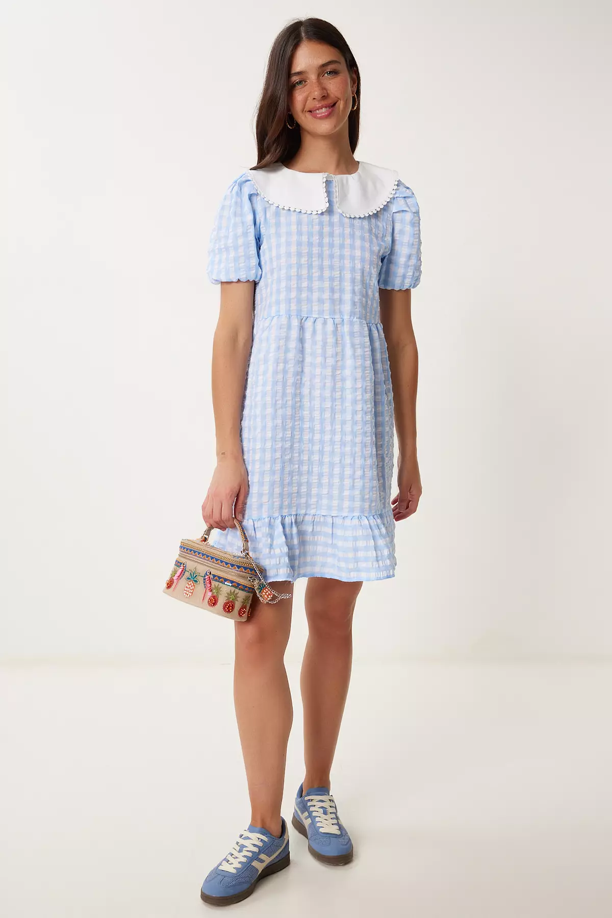 Women's Sky Blue Checkered Summer Mini Woven Dress Tp00058