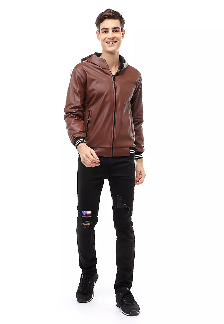 Halbert Outerwear Jaket Kulit Hoodie Pria Model List Material Leather ORIGINAL - Dark Brown