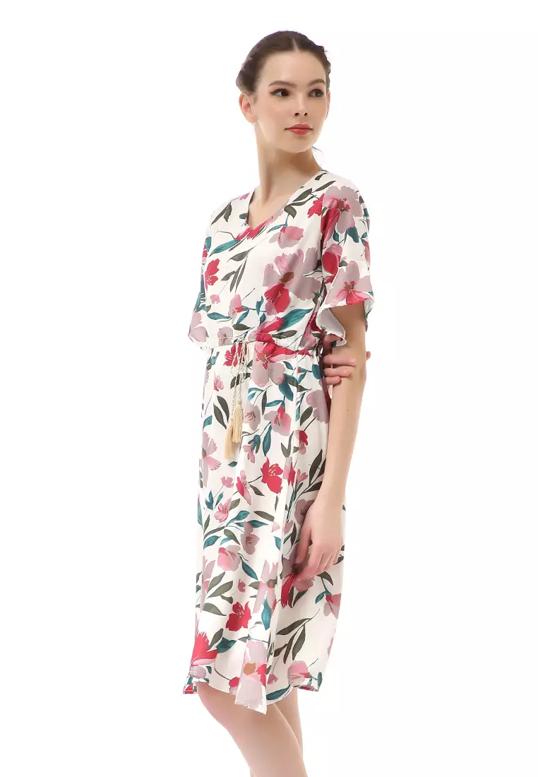 Rachel Midi Dress Wanita Karet Pinggang Short Sleeve Floral Motif Material Polyester ORIGINAL - White