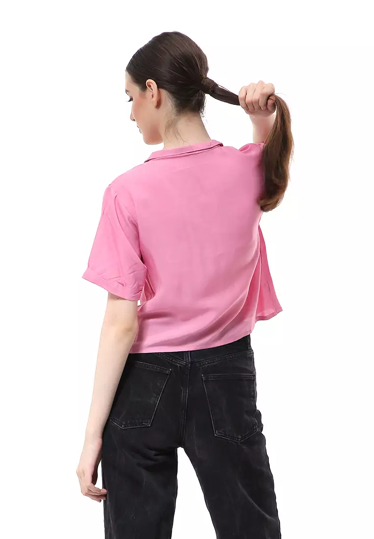 Melinda Kemeja Crop Top Atasan Wanita Motif Polos Relaxed Fit - Pink
