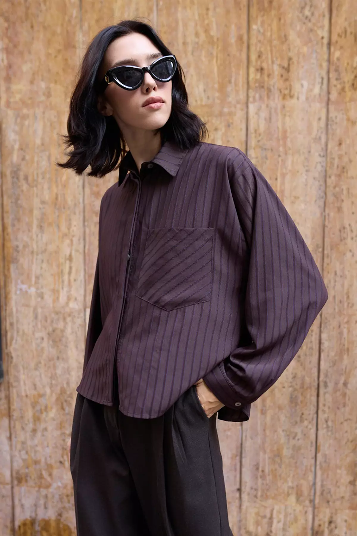 Brown Striped Oversized Woven Shirt Twoaw26Go138