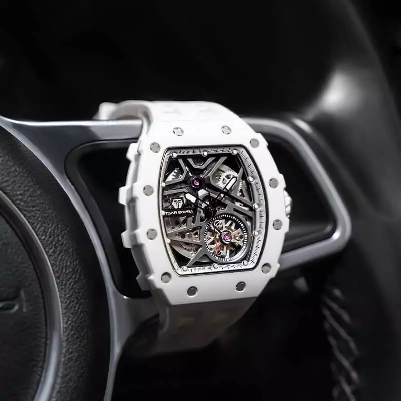 Jam Tangan Pria Tsar Bomba Elemental TB8209C-02 Automatic Luxury Ceramic Skeleton Dial White Rubber Strap