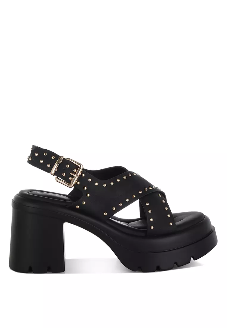 Discount on London Rag  shoes - SKU: Stud Embellished Block Heel Sandals in Black
