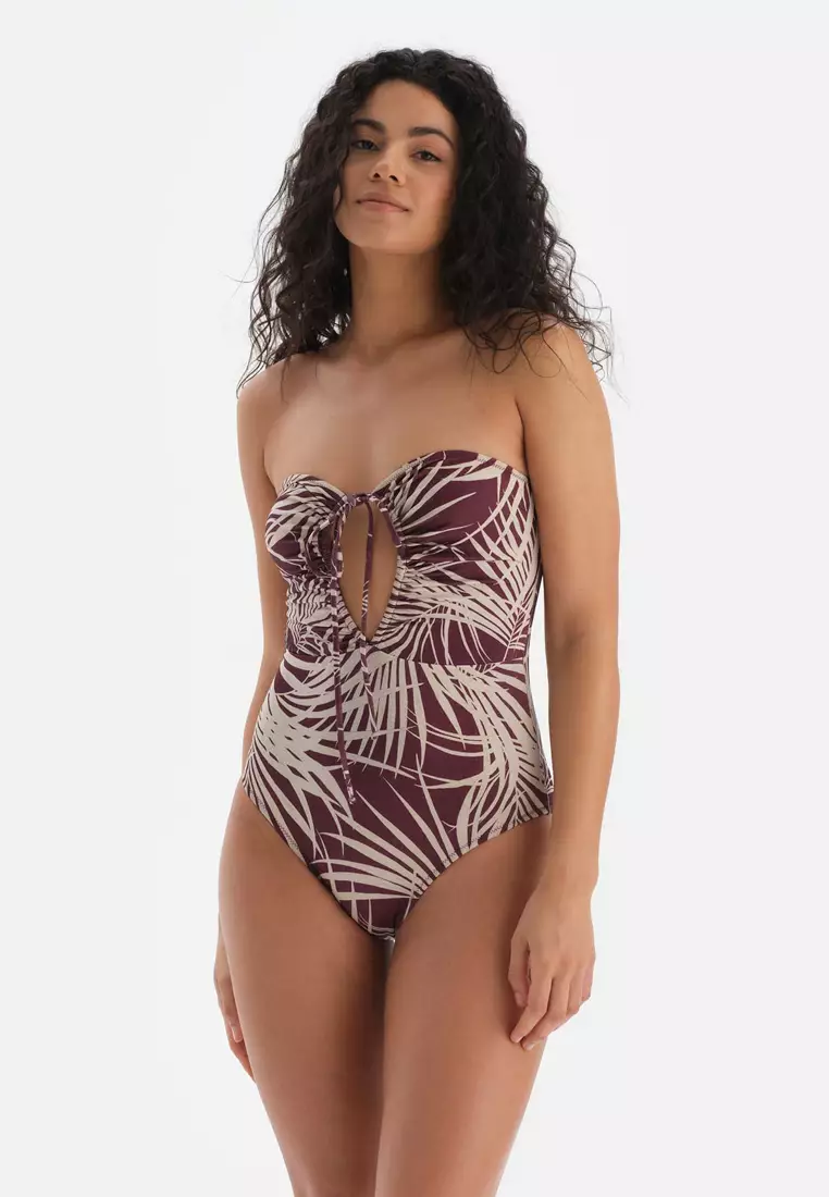 Bordeaux Swimsuits, Palm Tree, Strapless, Removable Padding, Non-wired, Swimwear for Women