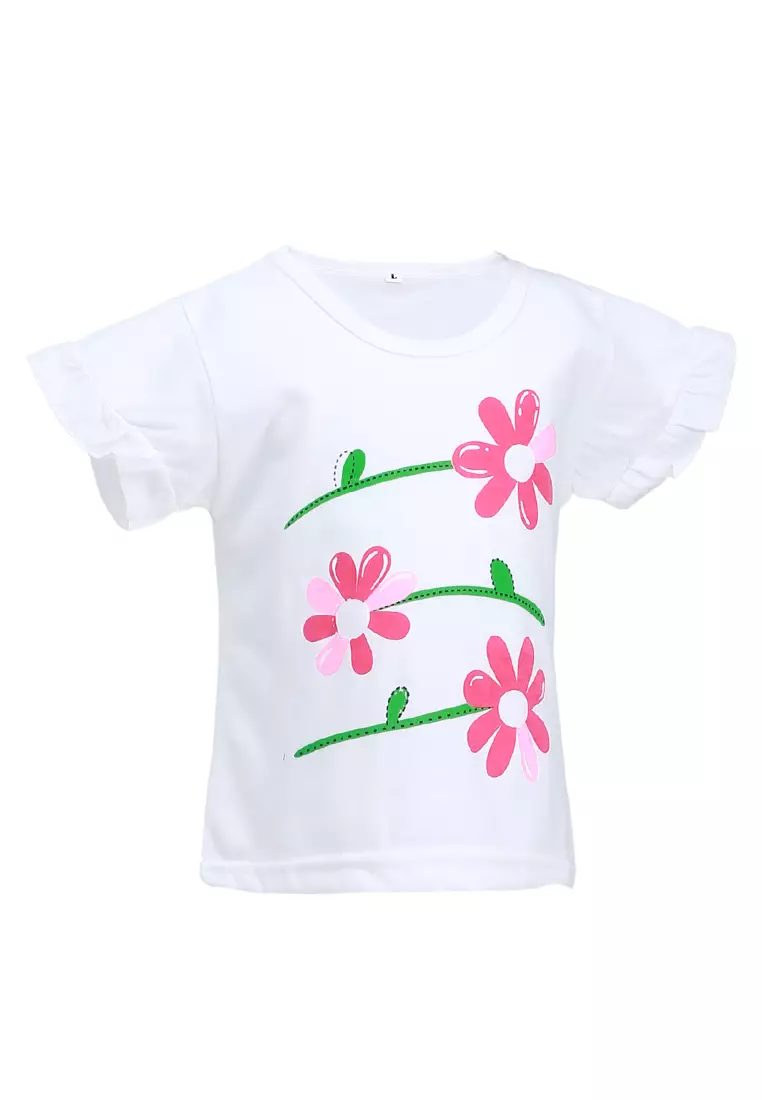 Chevelle Kaos Anak Perempuan Lengan Terompet Ruffle Tee Motif Bunga Material Cotton ORIGINAL - White