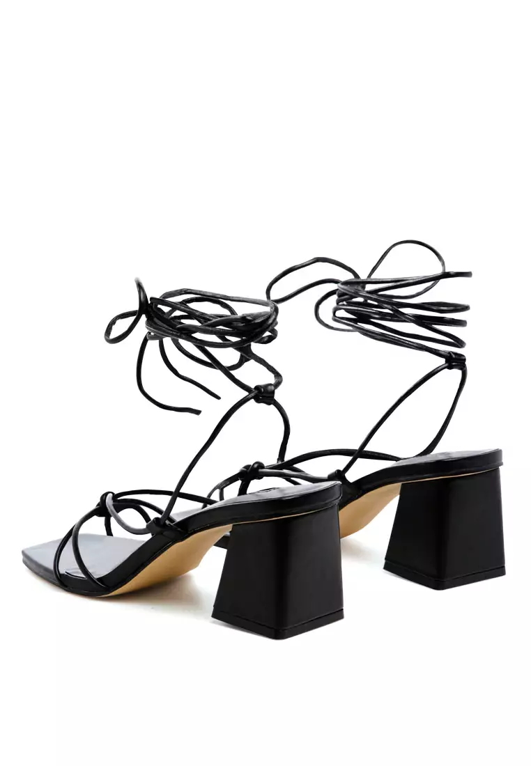 Black Tie-Up Block Heeled Sandal