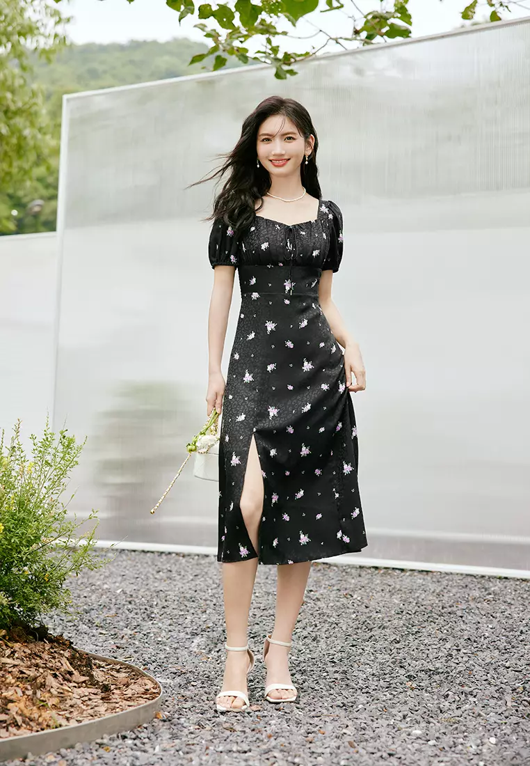 Puff Sleeve Square Neck A-Line Floral Midi Dress