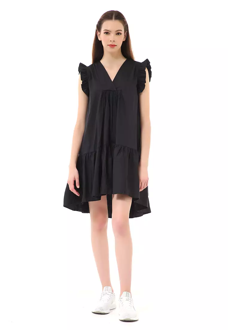 Rachel Mini Dress Ruffle Wanita Lengan Pendek Motif Polos Material Cotton ORIGINAL - Black