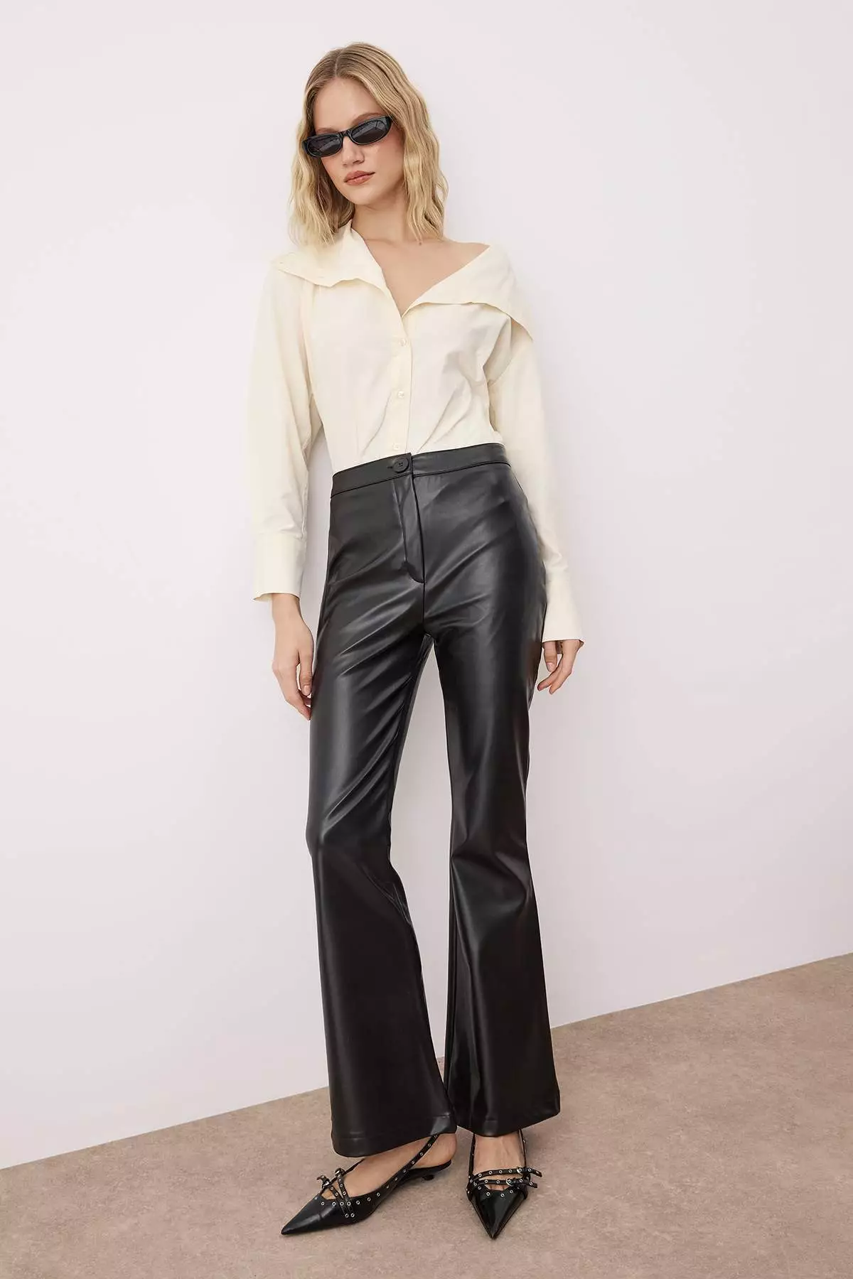 Black Faux Leather Flare Pants