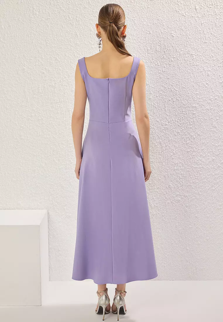 Lilac A-Cut Stone Accessory Detailed Woven Midi Chic Evening Night Graduation Dress TPRSS25EL00173