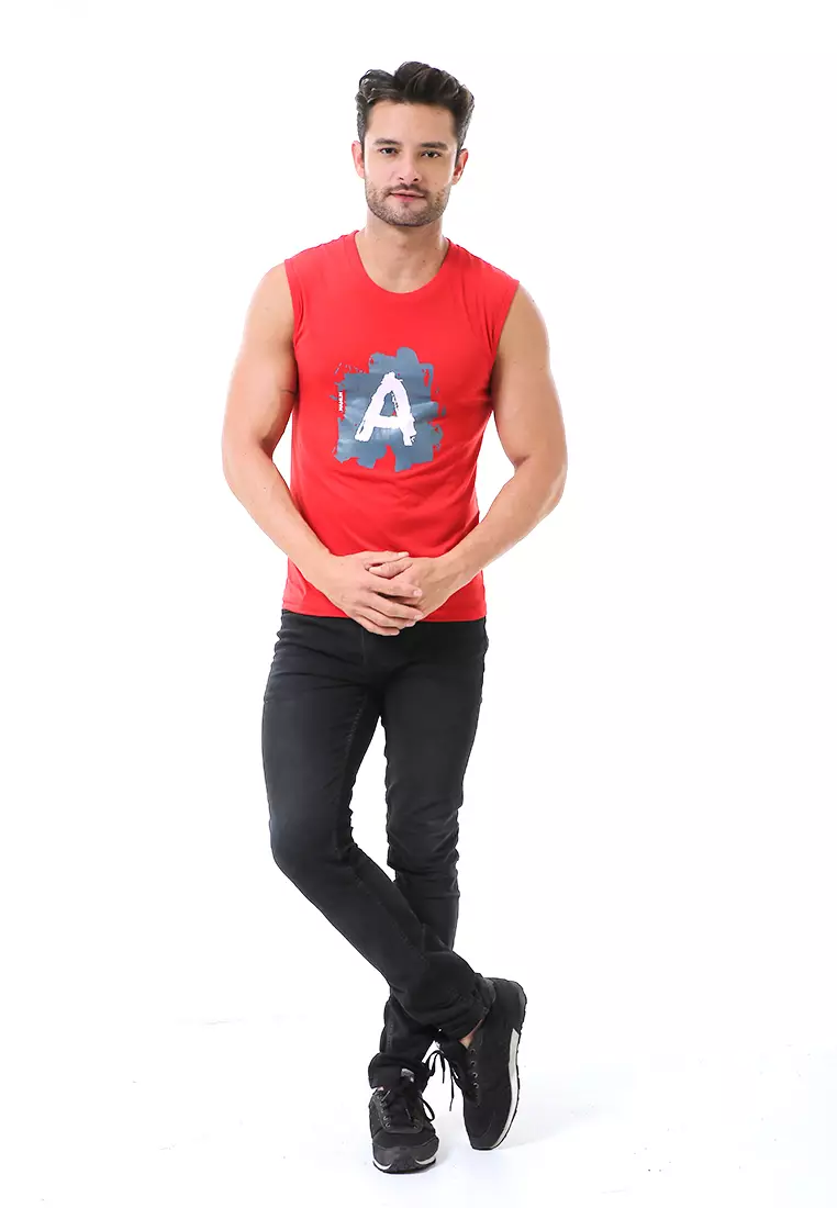 Bobby Atasan Kasual Pria Singlet Motif Huruf A Atasan Tanpa Lengan Material Cotton ORIGINAL - Red