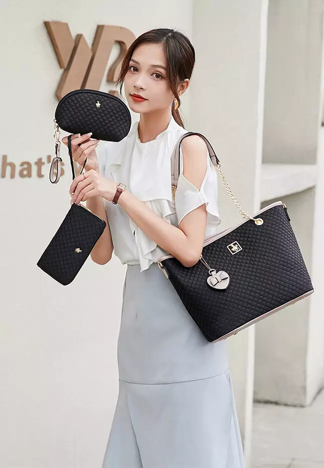 Women's 3 in 1 Quilted Handbag - Tote Bag / Wallet / Pouch  - Black