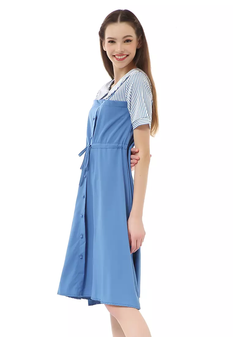 Rachel Midi Dress Wanita Lengan Pendek Vintage Design Tali Pinggang Material Cotton ORIGINAL - Blue