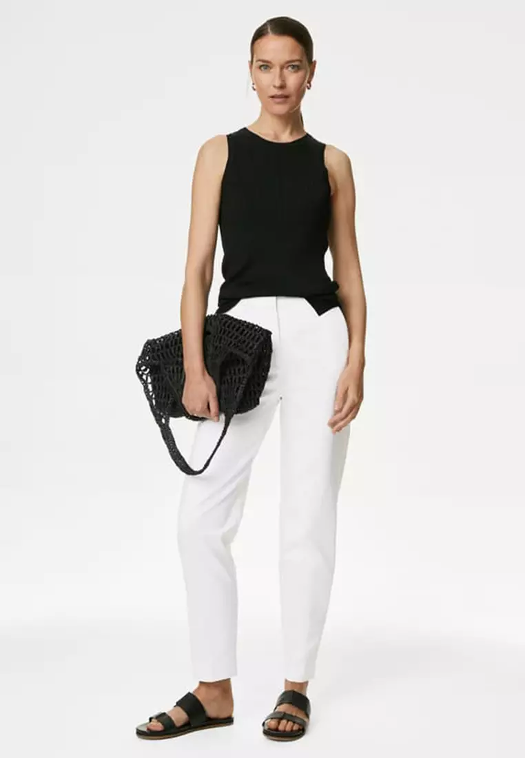 Cotton Blend Slim Fit Ankle Grazer Trousers