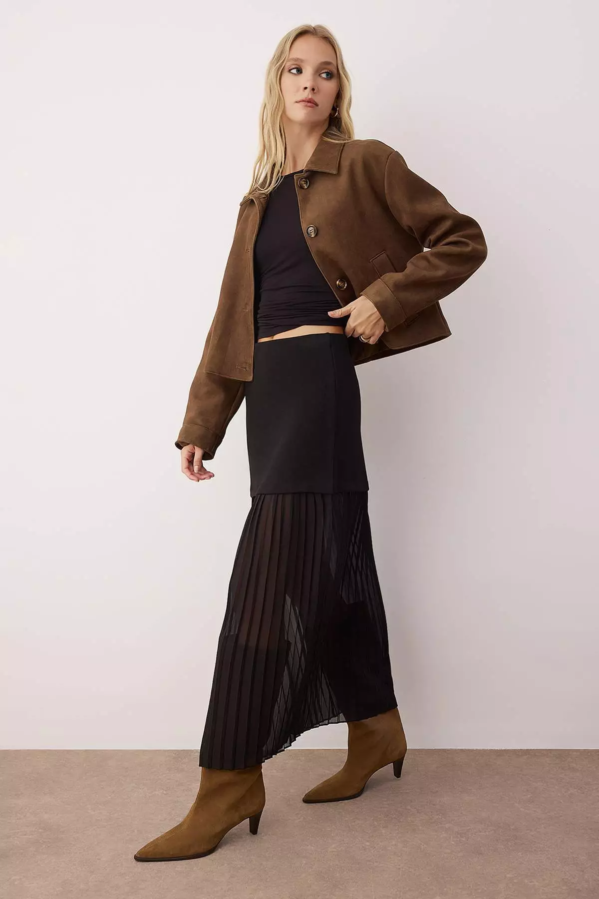 Black Tulle Pleated Detailed Pencil Interlock Maxi Flexible Knit Skirt