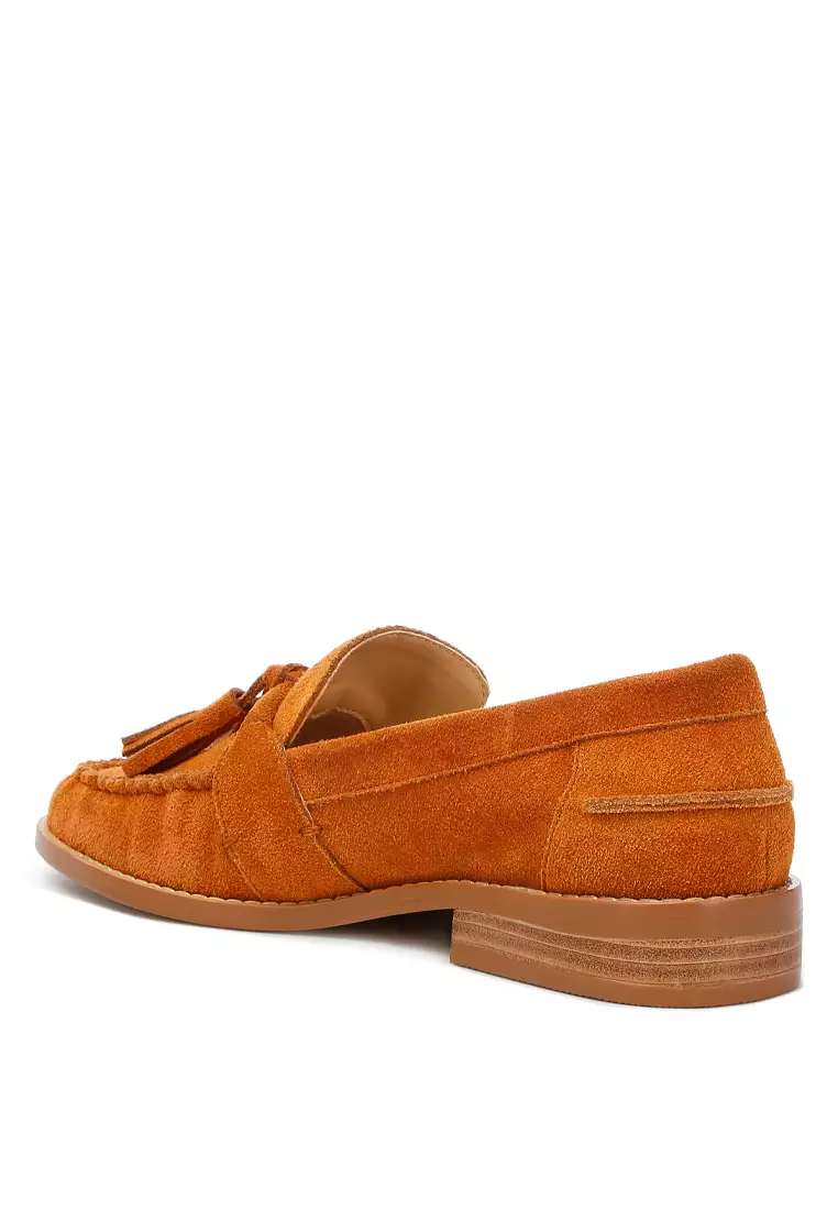 Tan Tassels Detail Suede Loafers