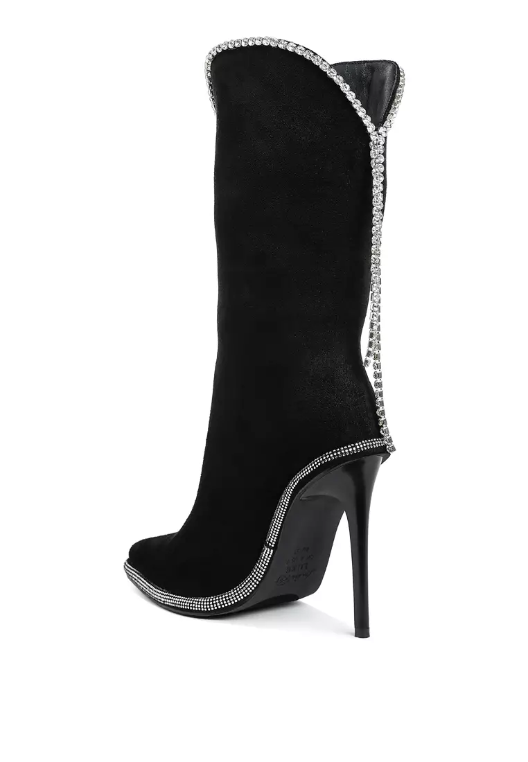 Diamante Chain Detail Calf Boots in Black