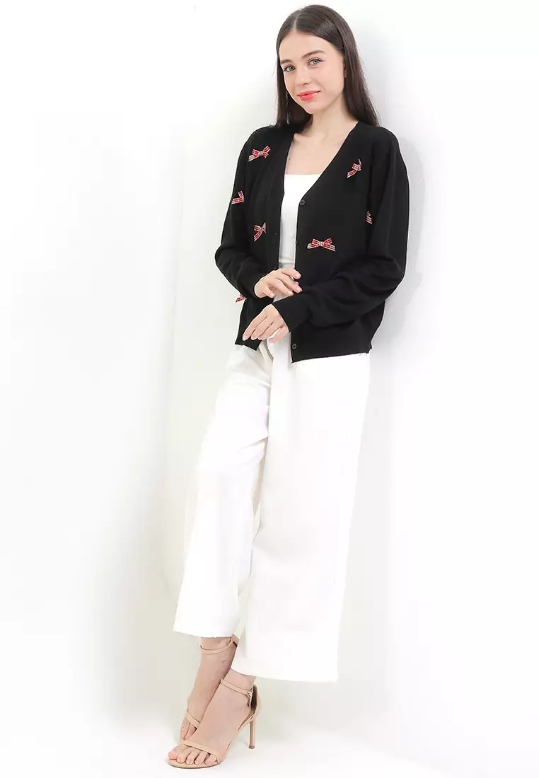 L/S Knit Jacket W/ Check Print Bow Patches