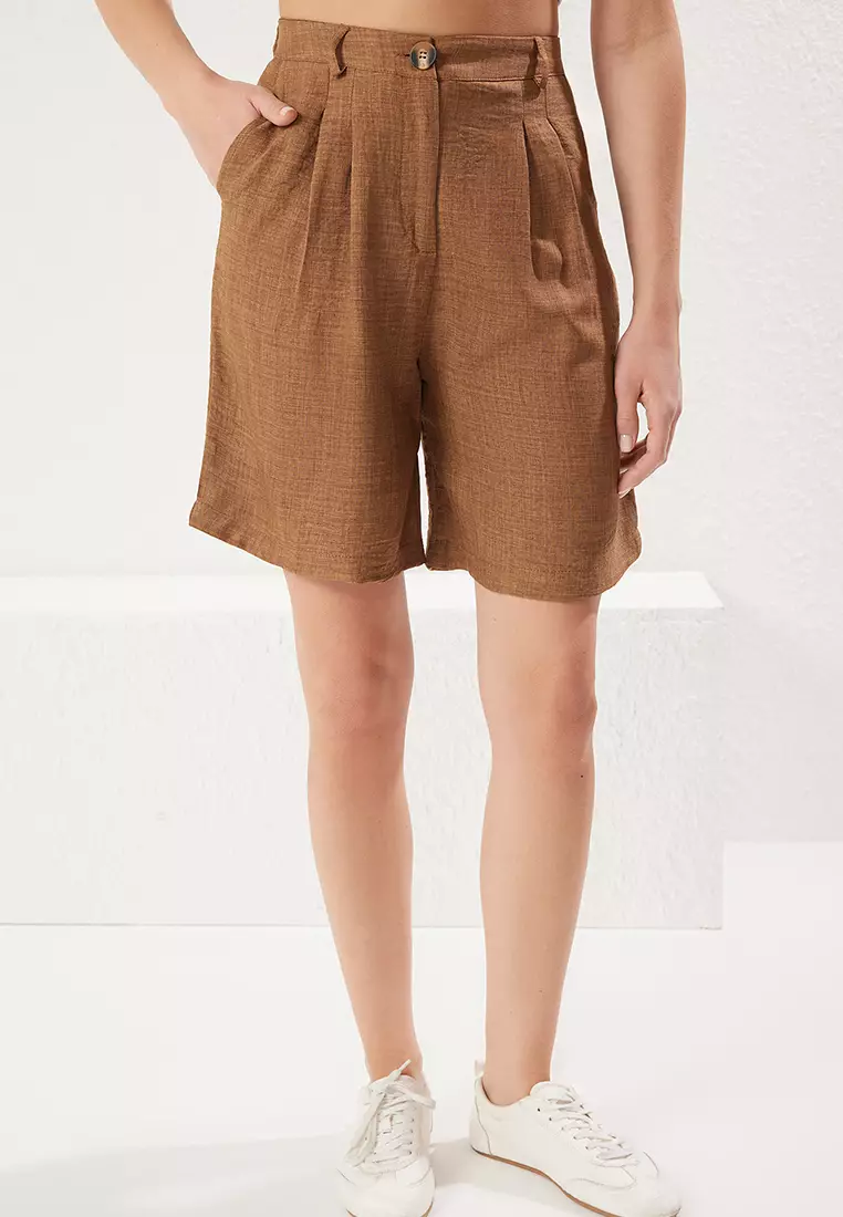 Brown High Waist Linen Look Wide Leg Shorts Woven Shorts
