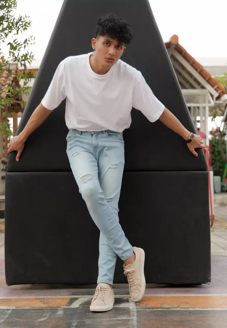 Skinny Ripped Jeans Stretch Light Blue OXCON