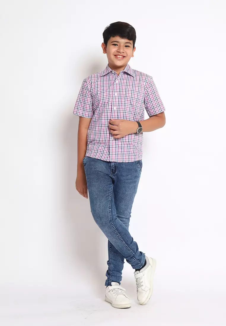 Kemeja Anak Laki Lengan Pendek Kotak White Purple - BRIGHT