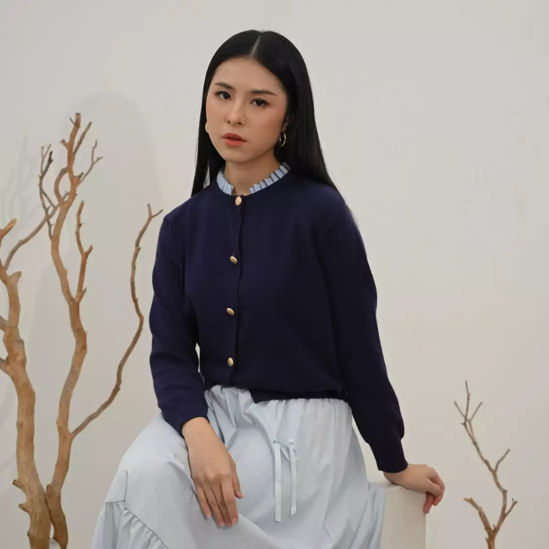 Adele Ruffle Trim Cardigan in Navy