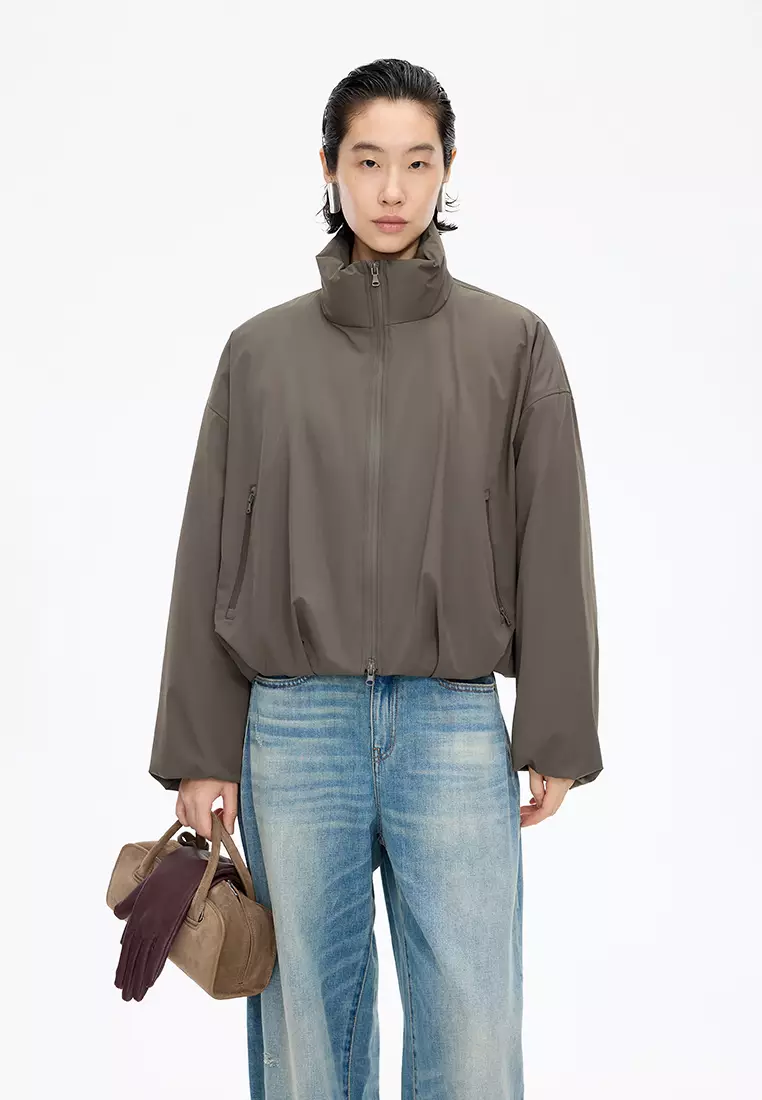 混紡90白鴨絨波浪形切線抽繩O型寬鬆短款羽絨服