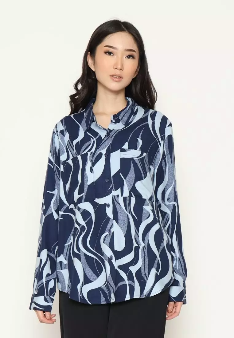 Urban Exchange Shirt Cherry Printed Navy Blue - Printed Shirt Kemeja Oversize