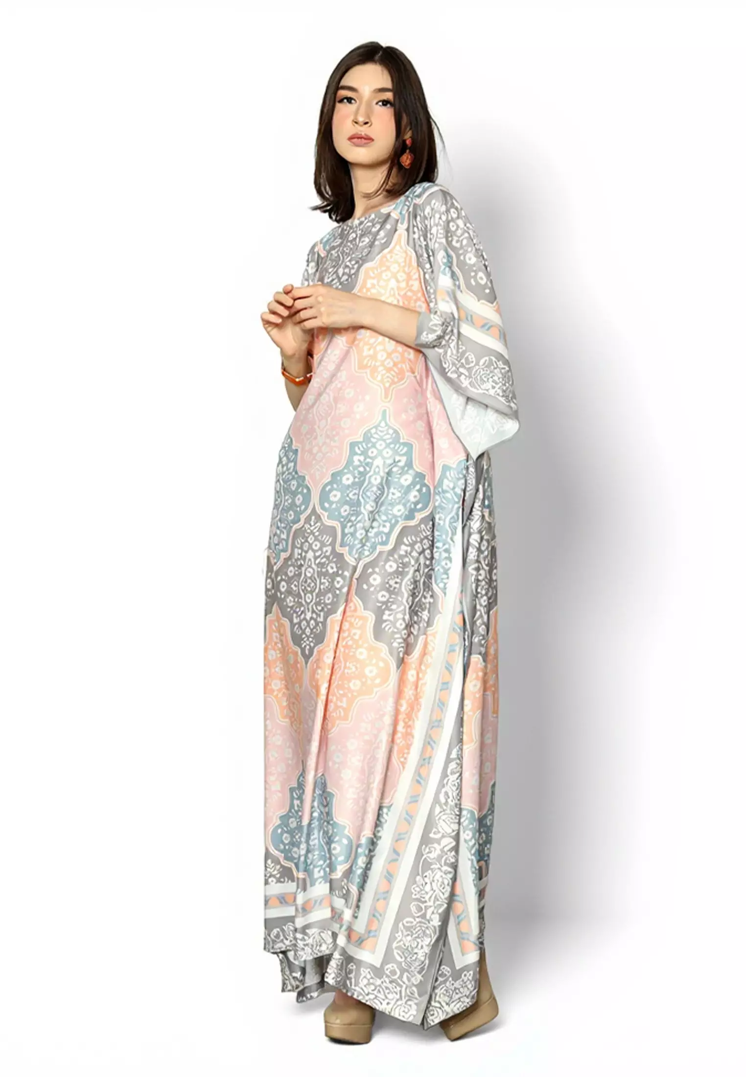 Kanzi Short Sleeve Pink Geometric Kaftan