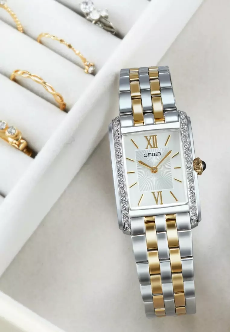 Seiko Lady Classic Collection Rectangle Case Silver Dial Two-Tone Stainless Steel Band Quartz Watch SWR093P1