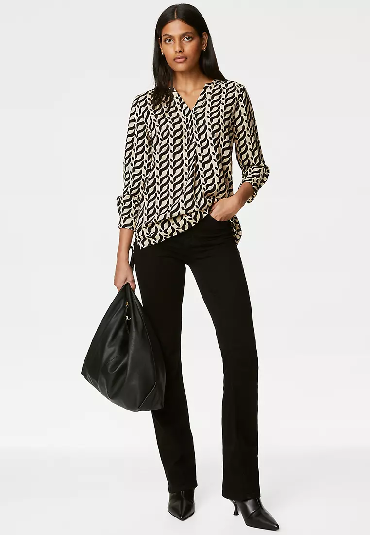 Printed V-Neck Popover Blouse
