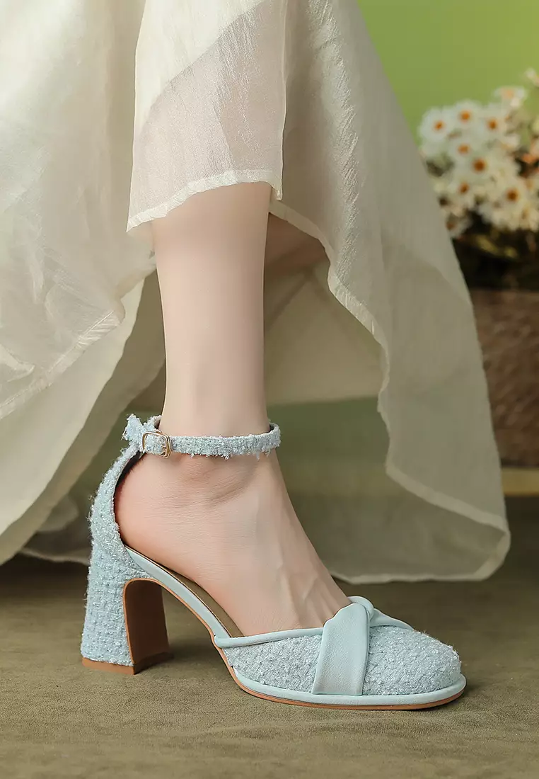 7.5CM Folded Strap Tweed Mary Jane Shoes XJ2568-10