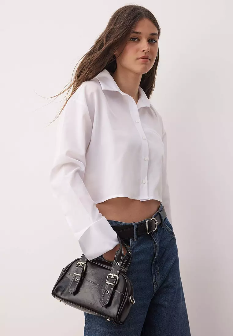 Black Contrast Stitched Women's Bowling Small Mini City Hand And Shoulder Bag