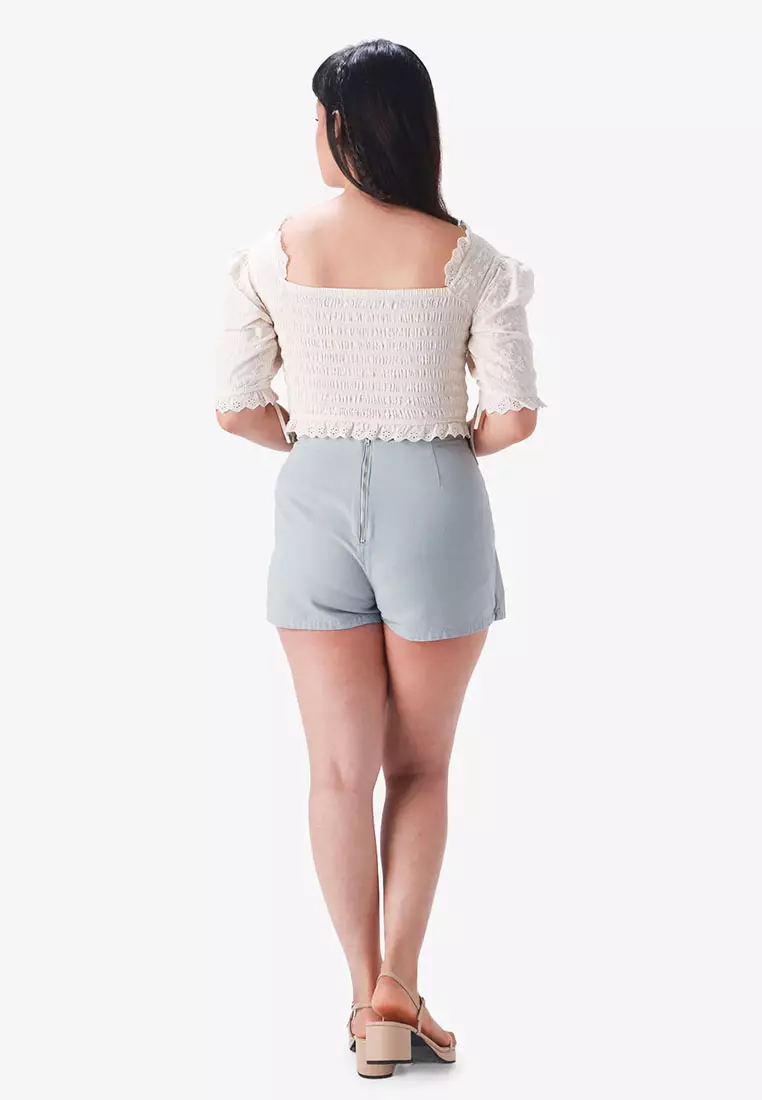 Eyelet Ruched Top with Lace Trims