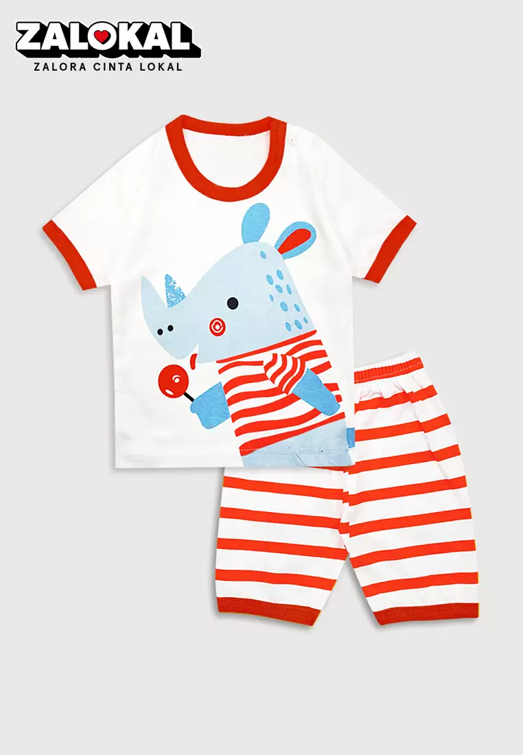 Wakakids Baju Oblong Pendek Setelan Bayi Anak Laki Laki Usia 0 Bulan Hingga 6 Bulan Motif Hippo 4034 Merah