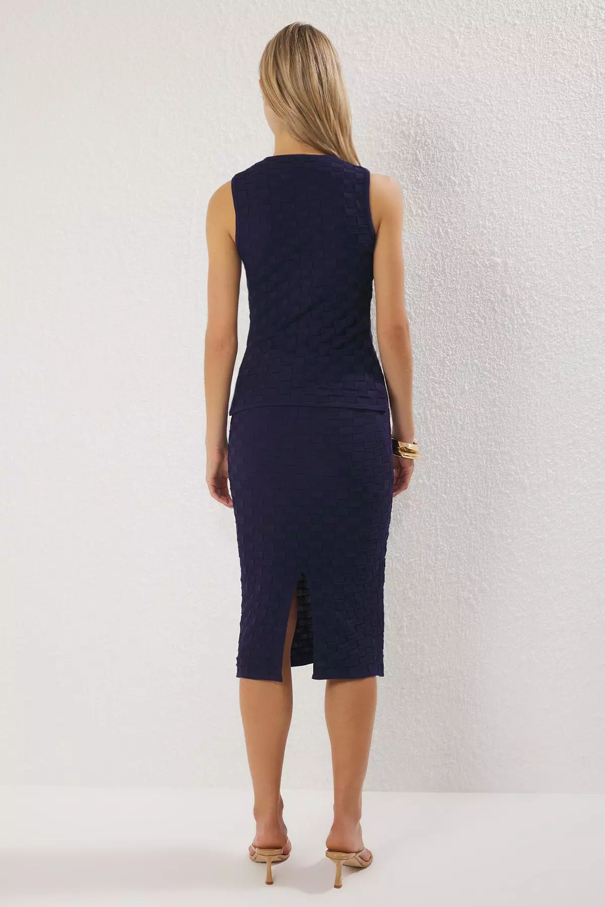 Navy Blue Button Detailed Vest-Skirt Knitwear Top And Bottom Set Twoss25Au00051