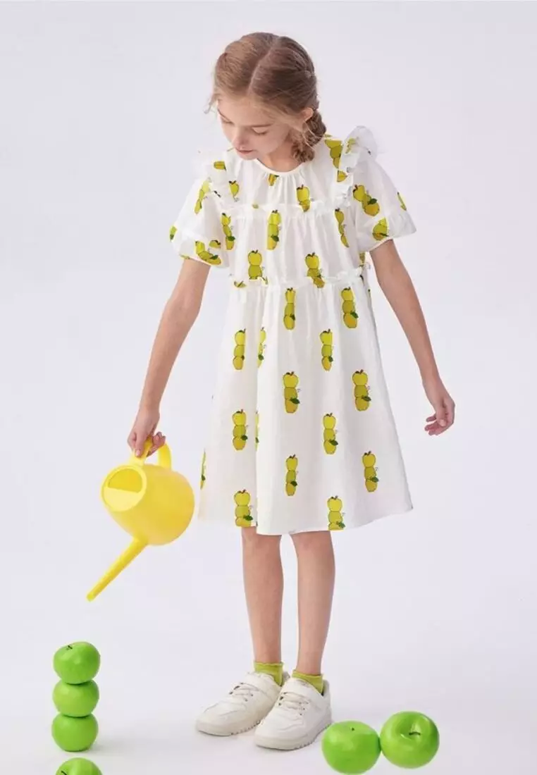 Apple Print Short Sleeve Ruffle Dress